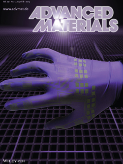 A stretchable gallium-indium nanoparticle circuit, printed on a nitrile glove. Cover of Advanced Materials