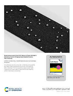 Stretching coalesces the liquid metal in a multiphase silicone composite, to enable uniform electrical conductivity